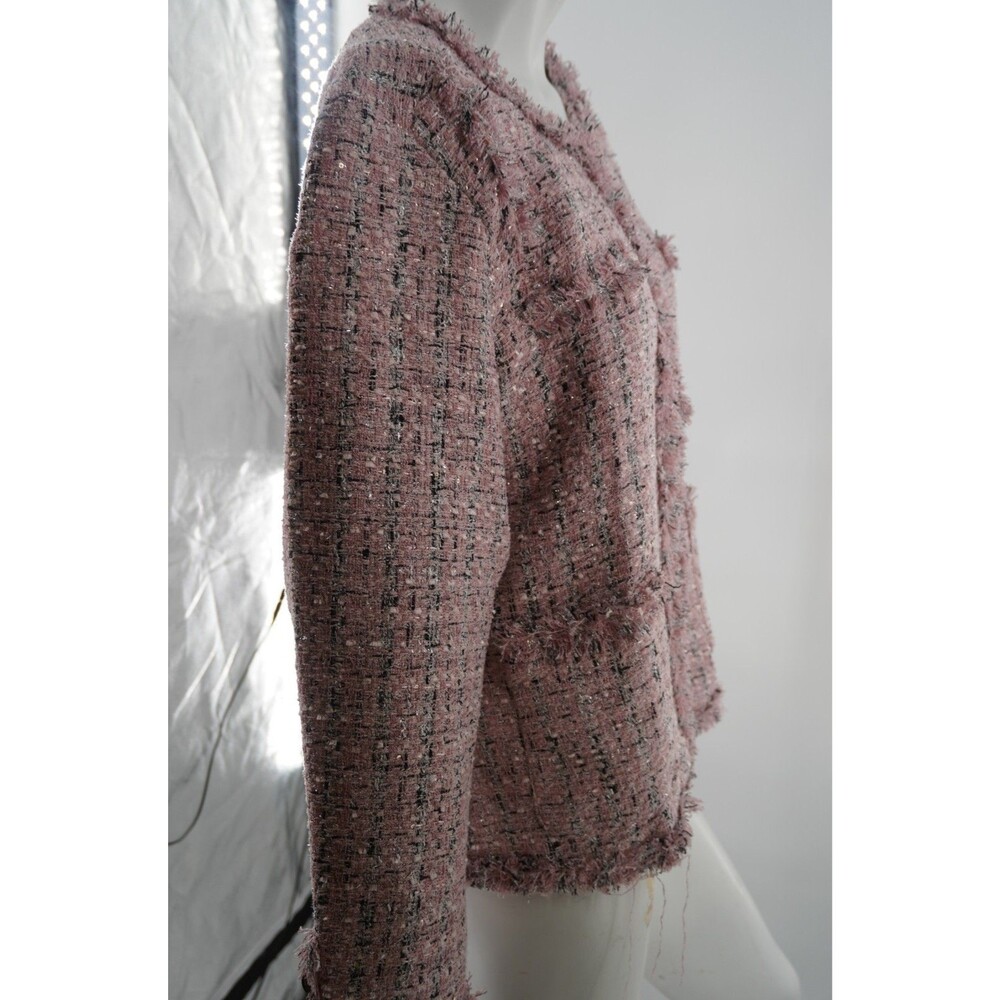 Ebossy Women's Size XL Elegant Open Front Round Neck Fringed Plaid Tweed Jacket - Picture 3 of 8
